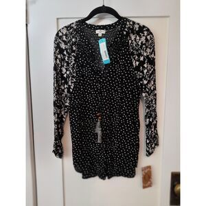 Mason & Belle black & off-white polka dot and floral rayon bloouse Medium